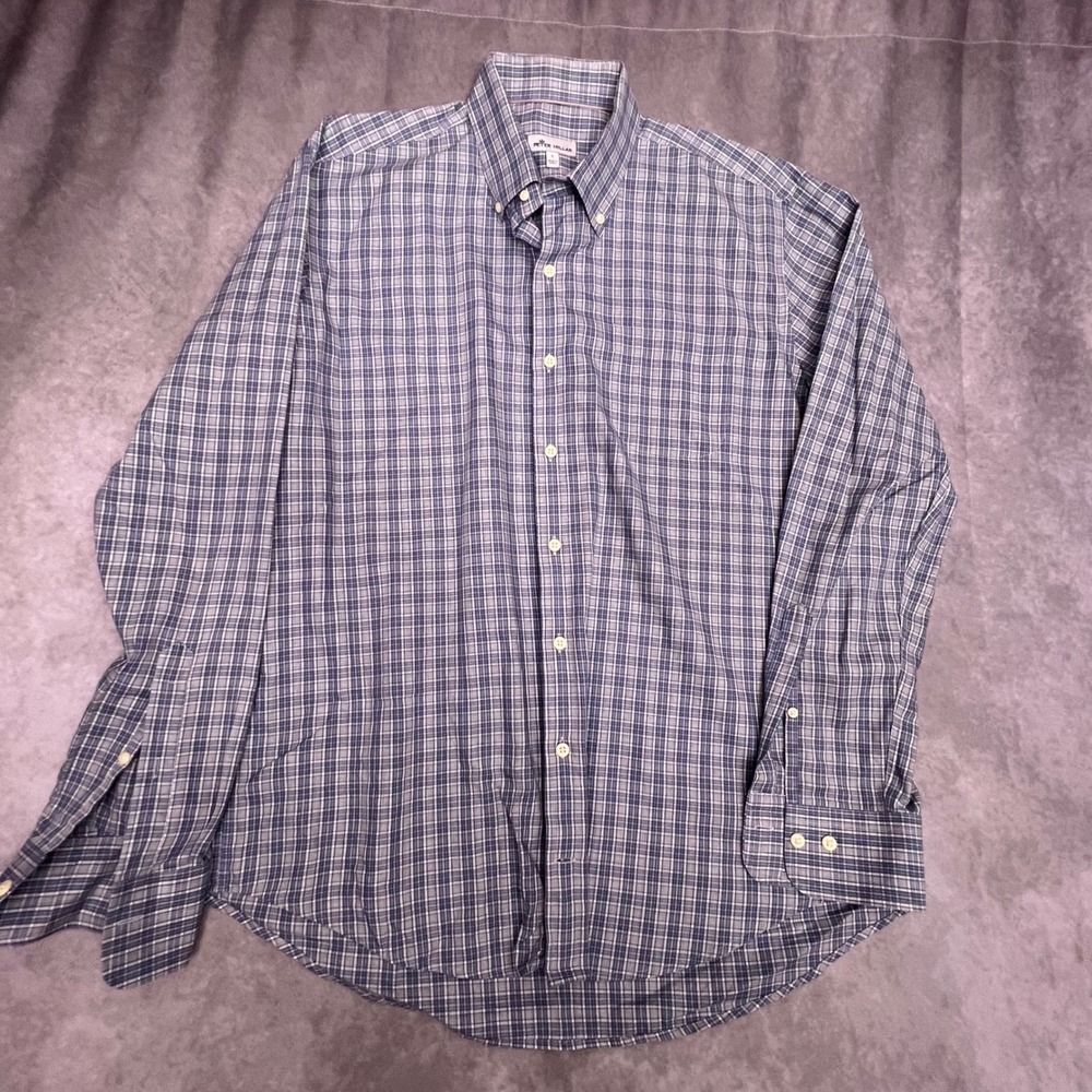 Peter Millar Button Down Shirt Mens L Blue Plaid Excellent Long Sleeve Cotton